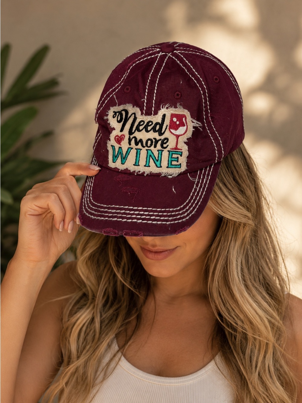 KBETHOS Vintage “Need More Wine” Distressed Trucker Hat Burgundy Adjustable Cap